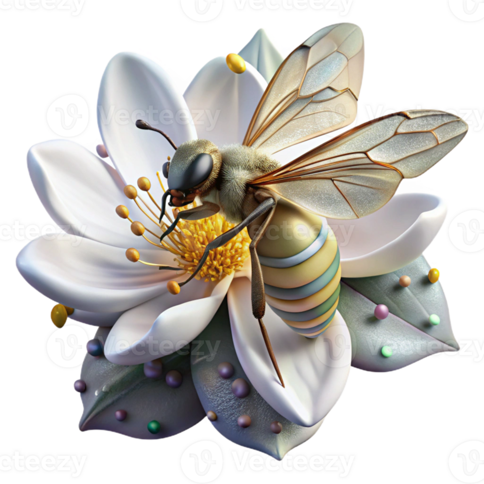 magnificent minimalist Bee on White Flower Side View Transparent Background png