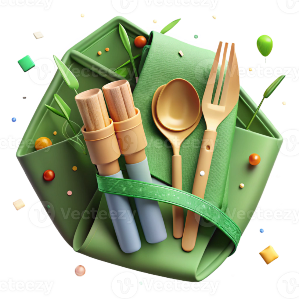 beautiful rustic Bamboo Cutlery Set with Green Napkin Isolated original png