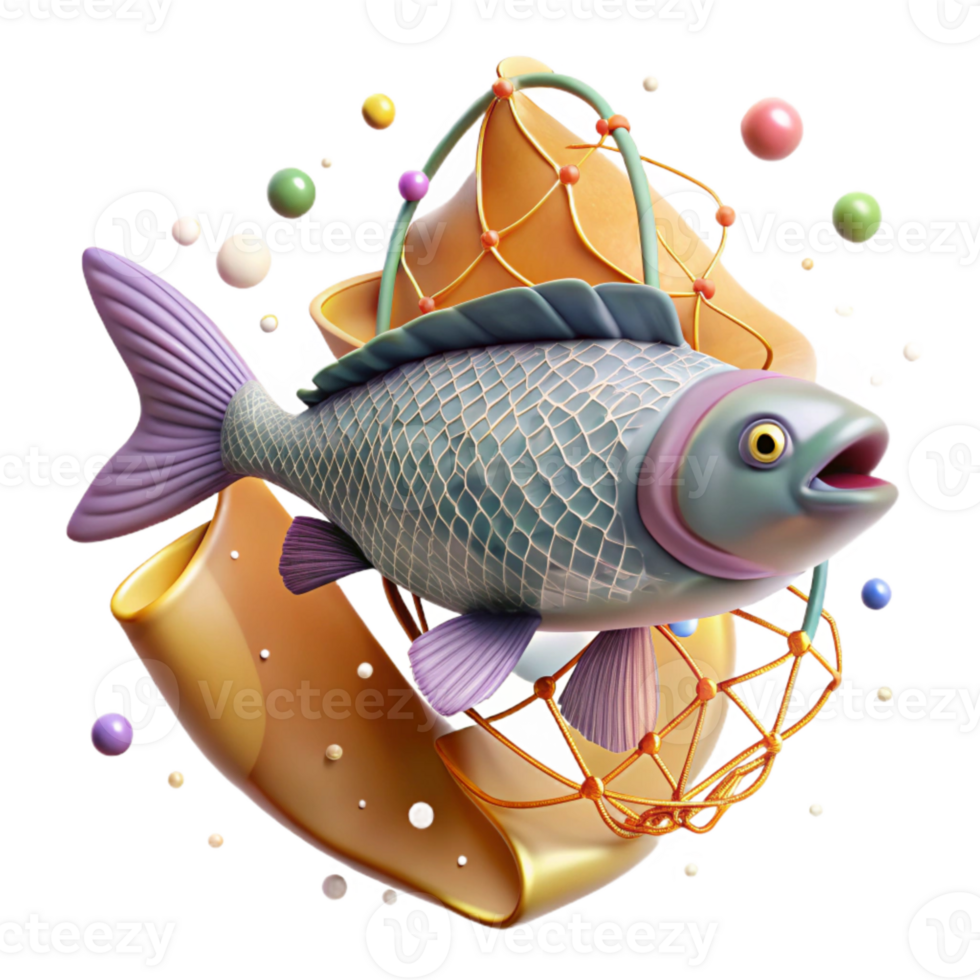 impressive contemporary Fish Caught in Fishing Net Isolated Transparent Background Underwater Scene exclusive png