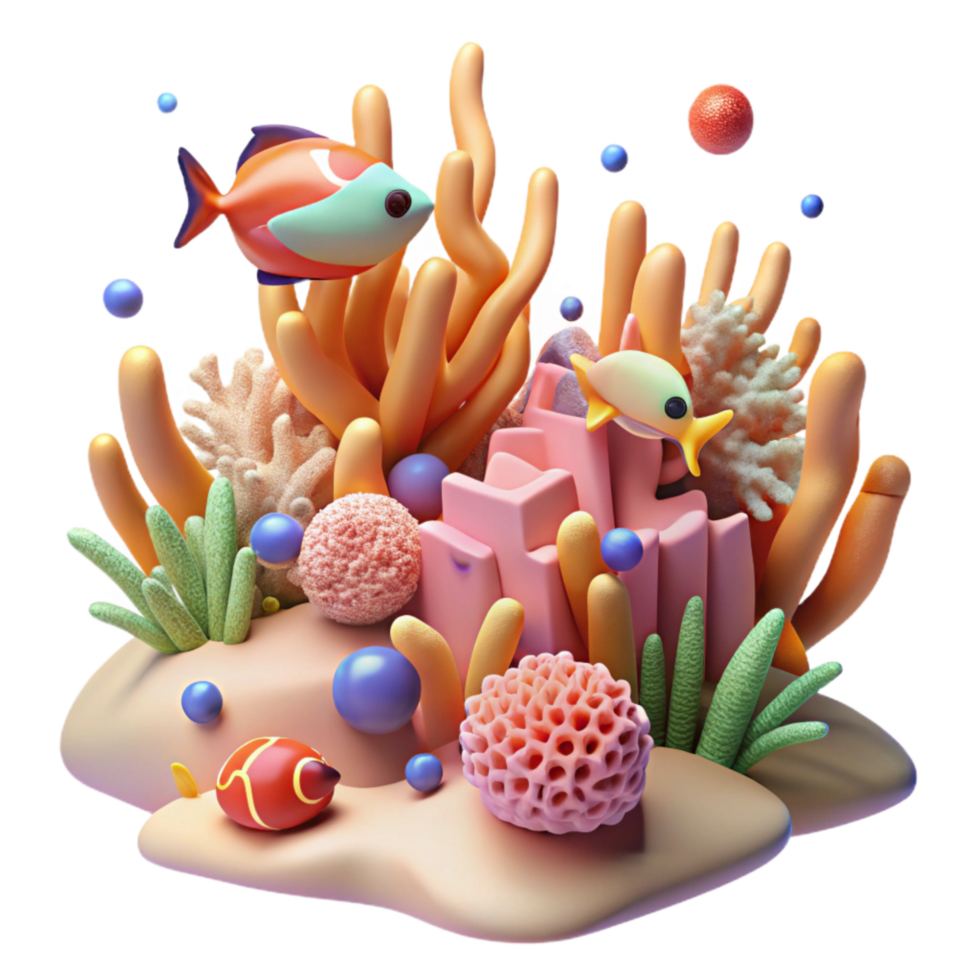 vibrant rustic Coral Reef Transparent Background with Diver in Distance detailed png