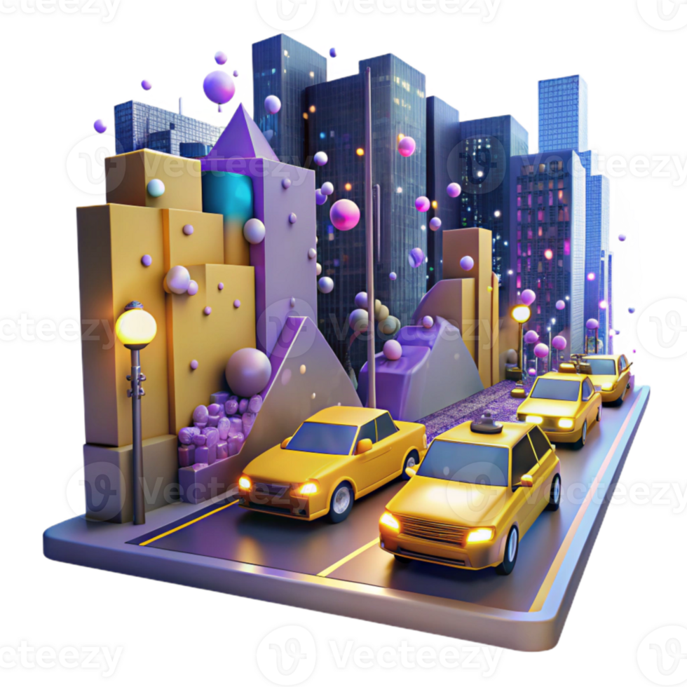 magnificent classic City Street at Night with Yellow Taxis Transparent Background png
