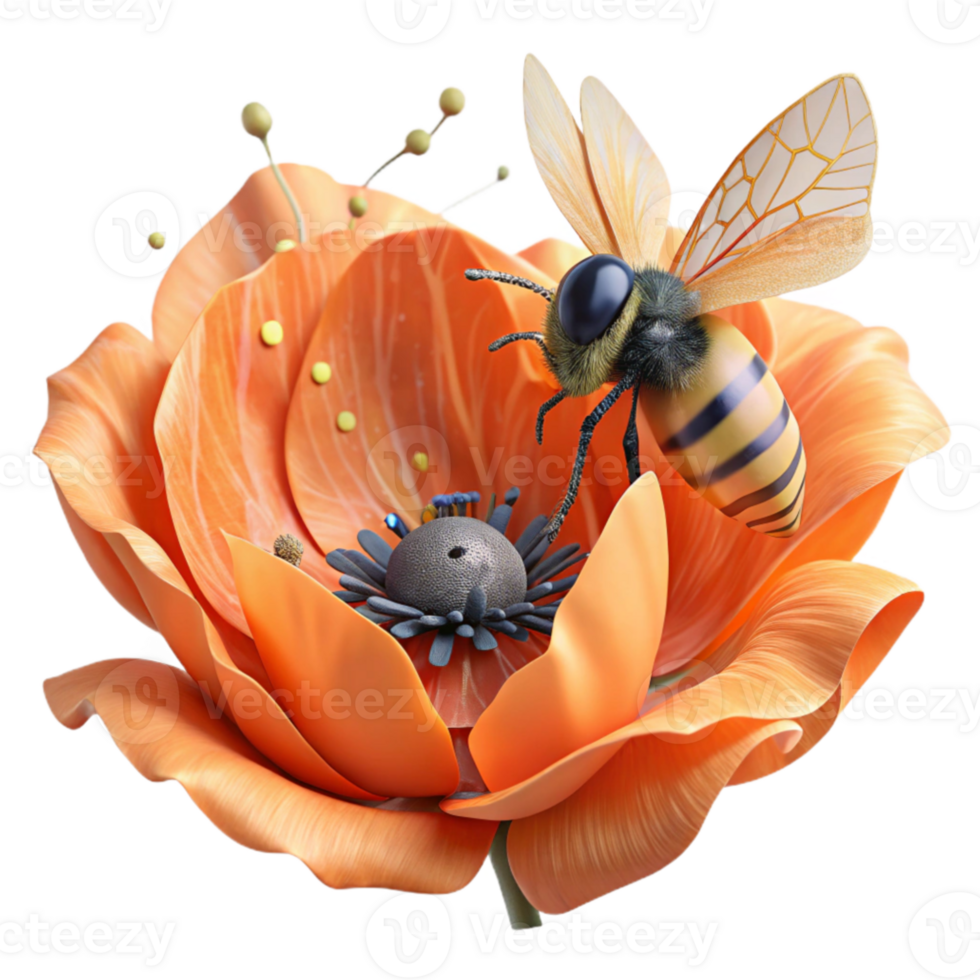 vibrant vintage Bee on Orange Poppy Flower Transparent Background high resolution png