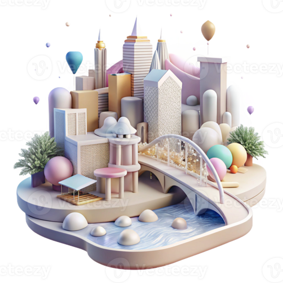 vibrant minimalist Cityscape with River and Bridges Transparent exclusive png