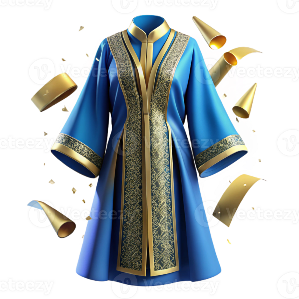 beautiful minimalist Blue Moroccan Kaftan with Gold Embroidery Cutout Element authentic png