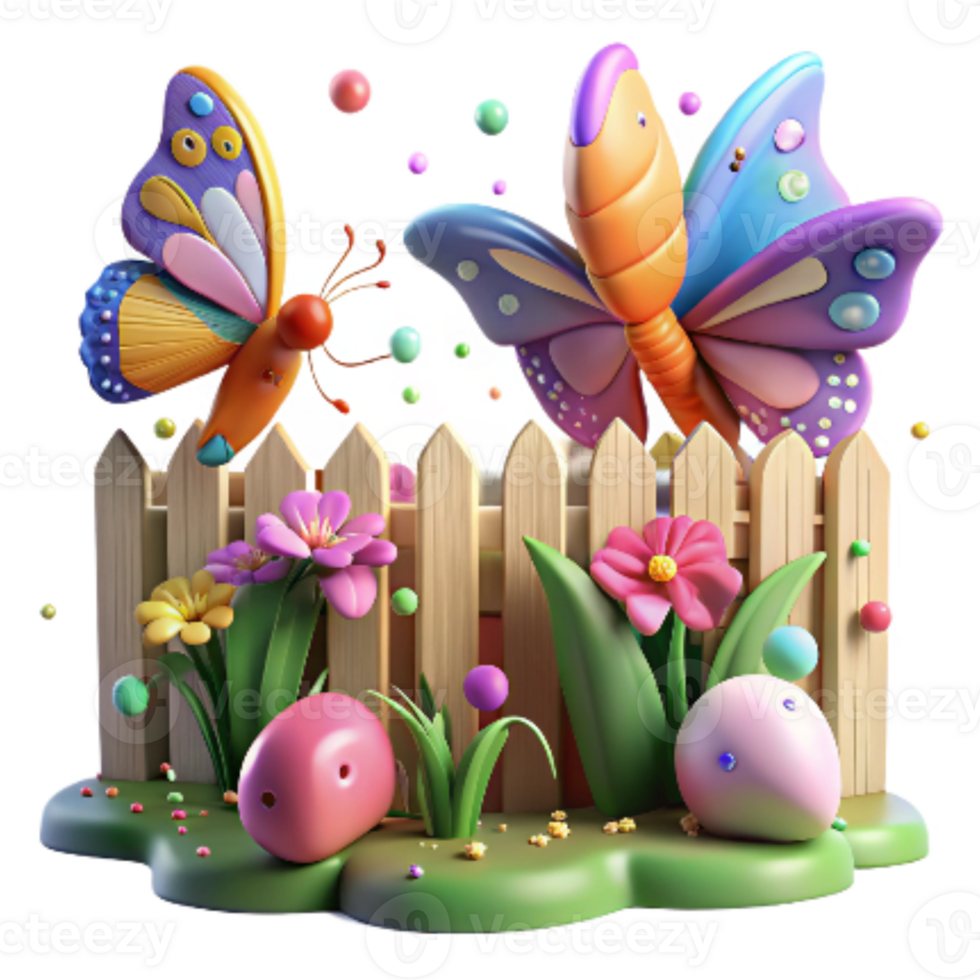 impressive vintage Butterfly Garden and Fence Cutout Vibrant Colors high resolution png