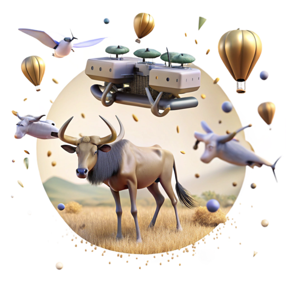 dramatic minimalist Drone Monitoring Wildebeest Migration Transparent Background exclusive png
