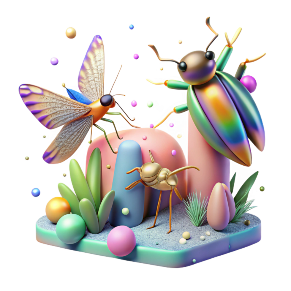extraordinary rustic Brightly Colored Wetland Insects with Bird in Pursuit Transparent Background original png