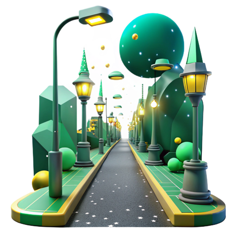 elegant artistic Dark City Street with Green Streetlights Cutout high resolution png