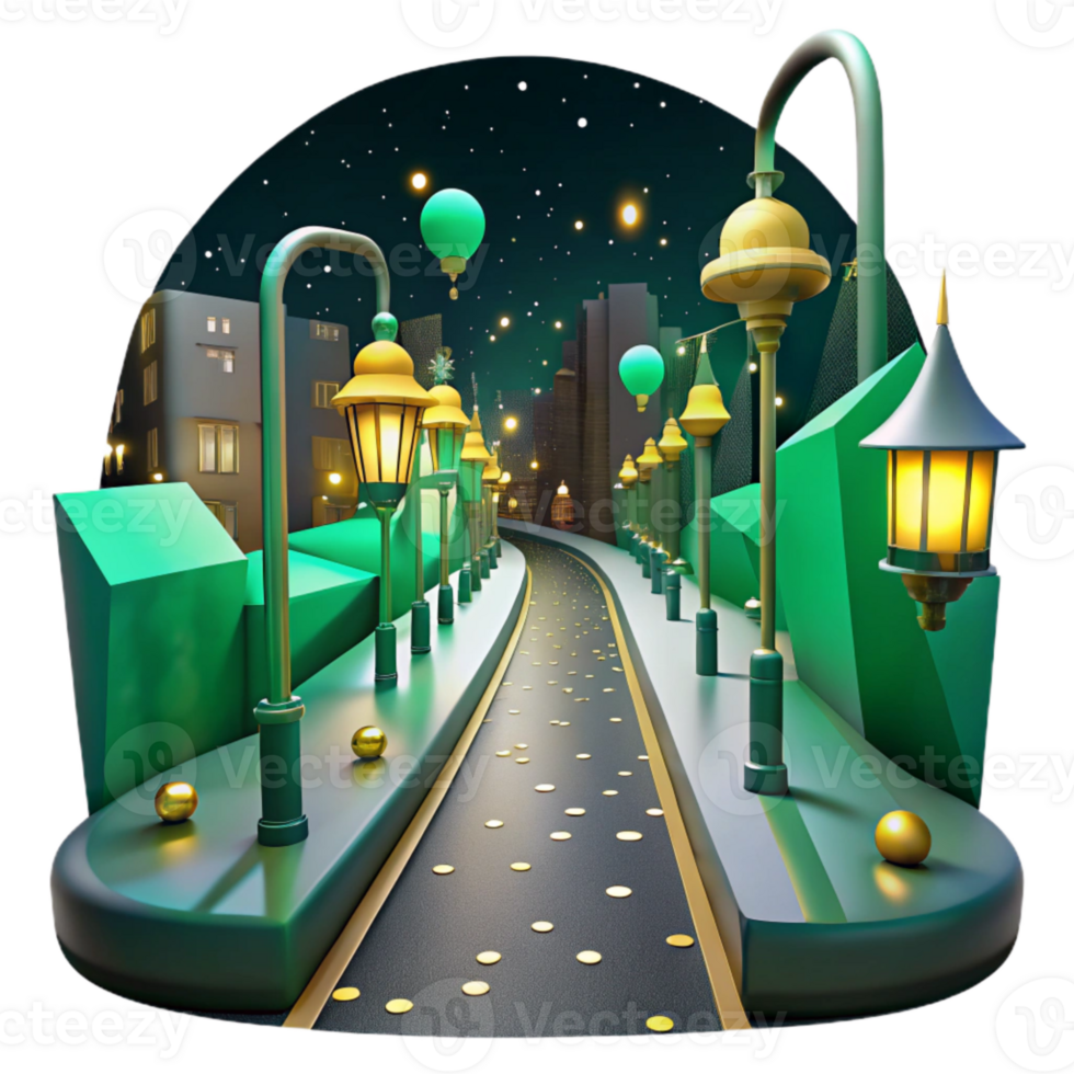 extraordinary traditional Dark City Street with Green Streetlights Cutout authentic png