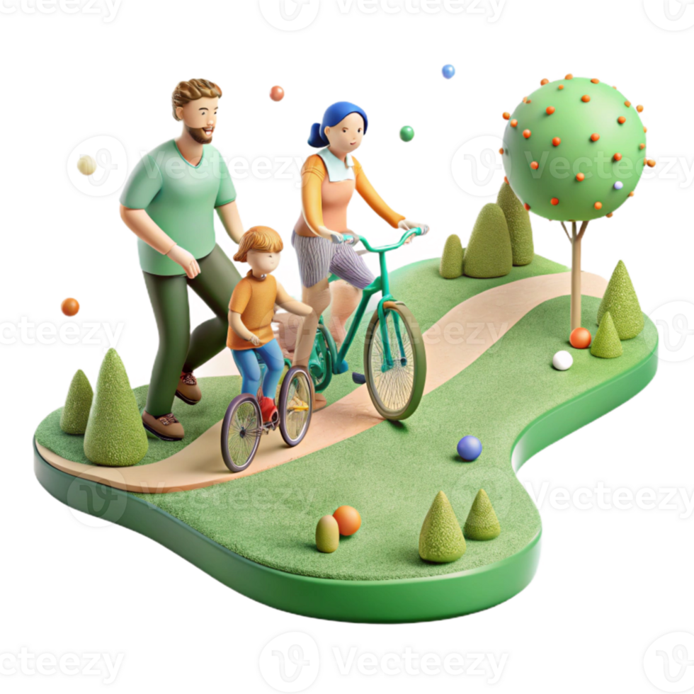 stunning traditional Family Cycling on Green Path Side View Isolated high resolution png