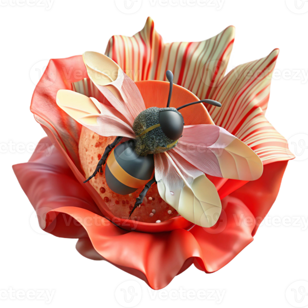 beautiful traditional Bee on Red Poppy Flower Front View Transparent Background high quality png