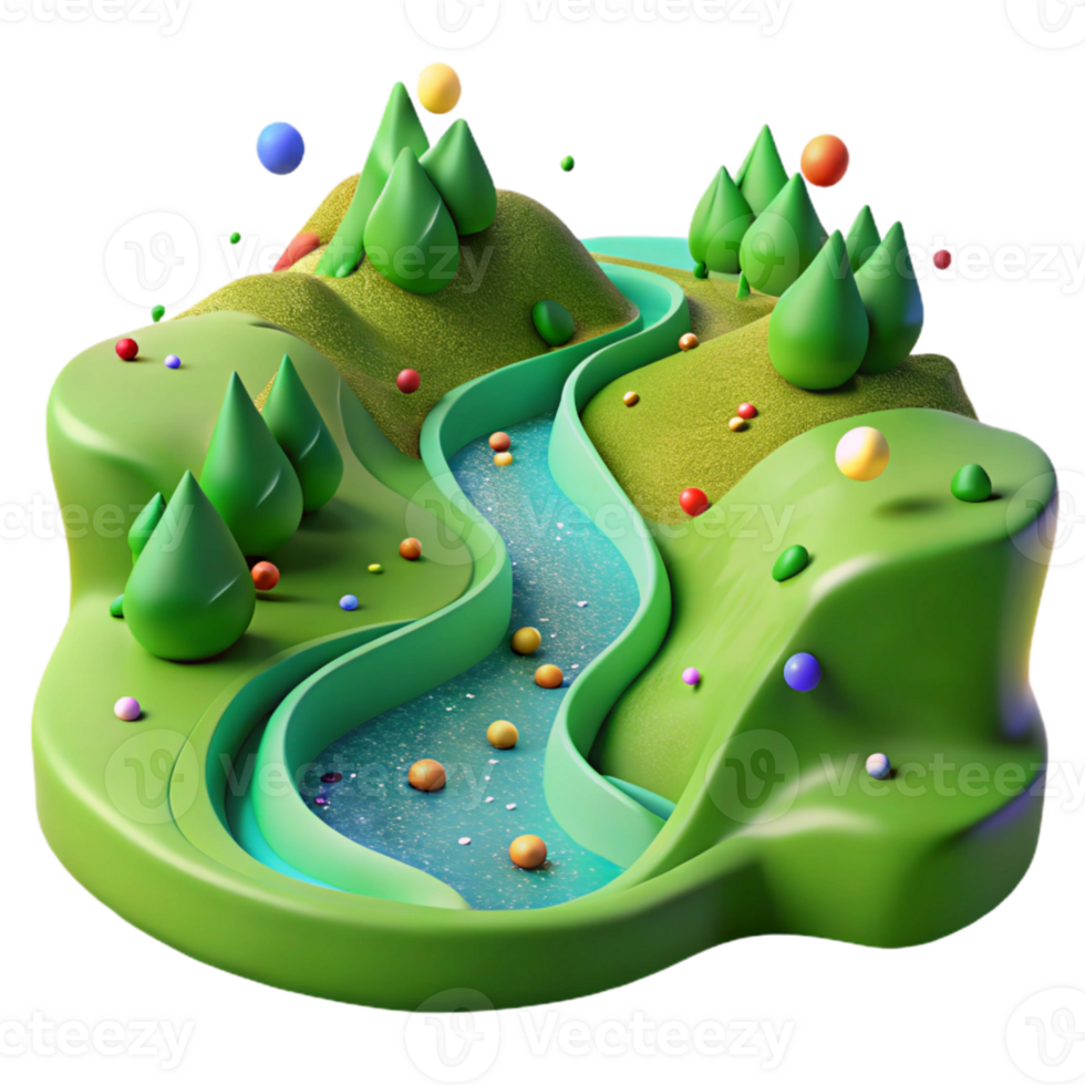 dramatic abstract Flowing River Through Green Valley Transparent Background exclusive png