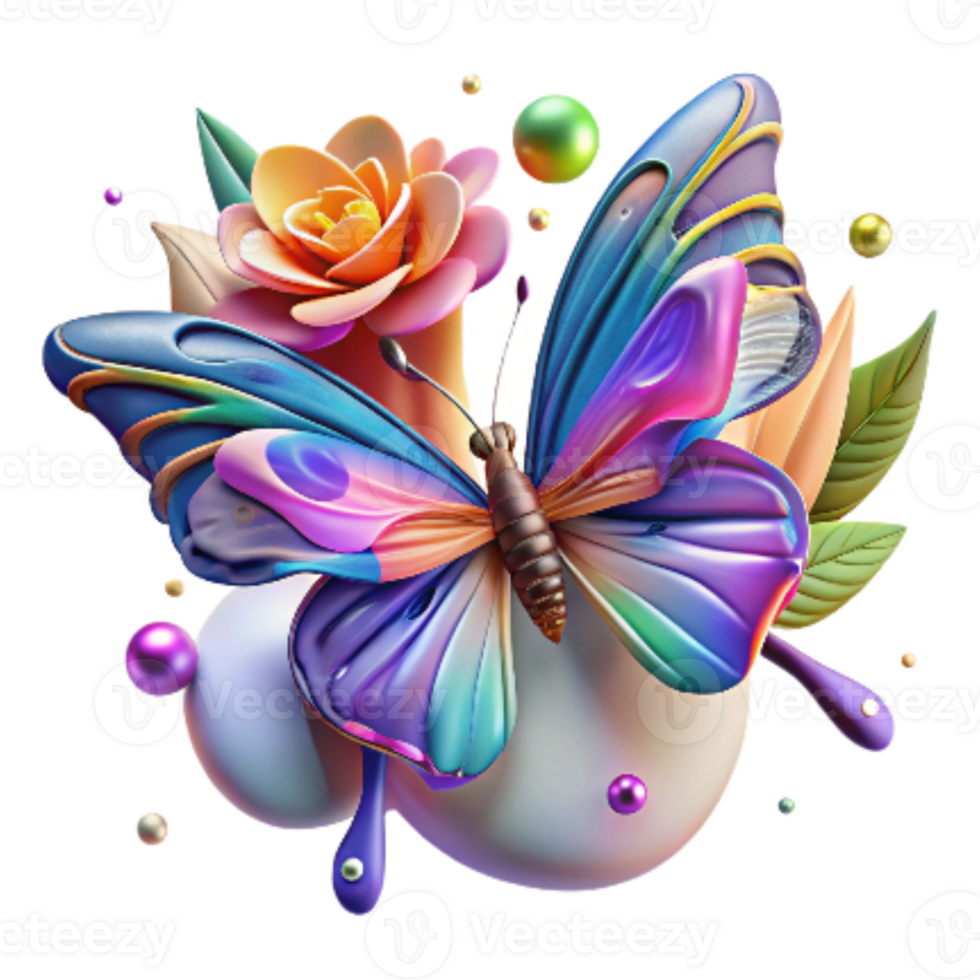extraordinary modern Brightly Colored Butterfly on Budding Flower Isolated detailed png