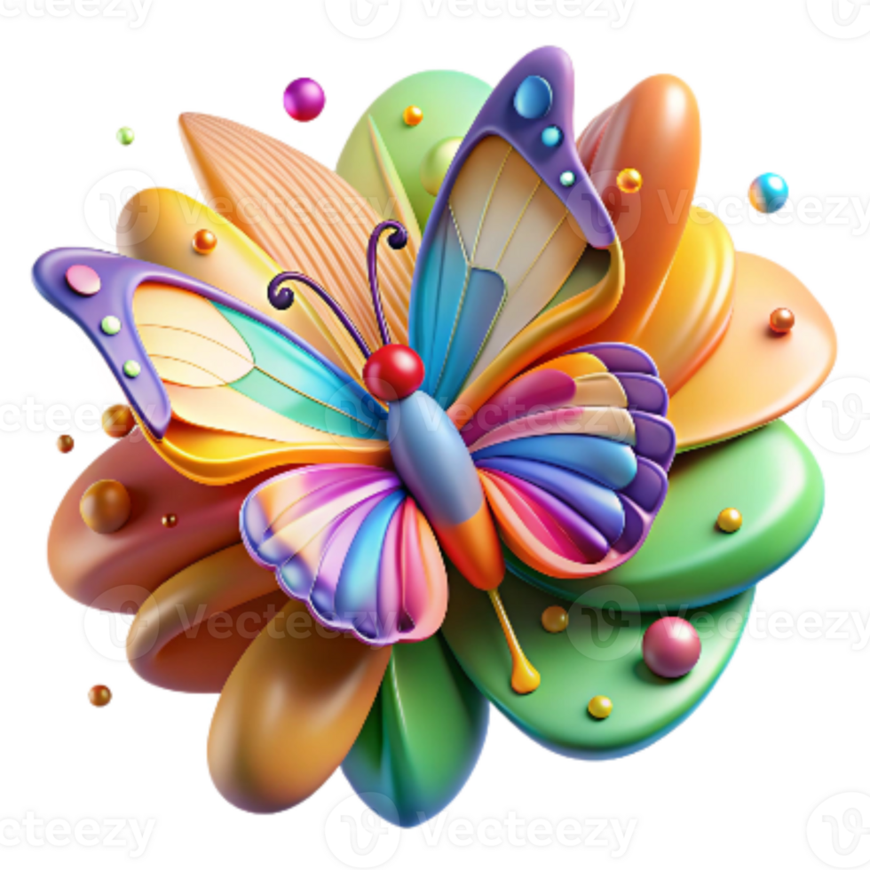 elegant contemporary Brightly Colored Butterfly on Budding Flower Isolated png