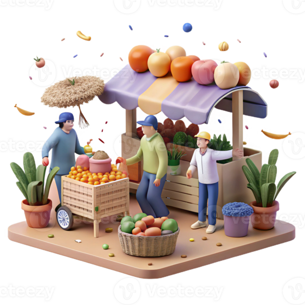 elegant vintage Farmers Market Scene with People Shopping Isolated original png