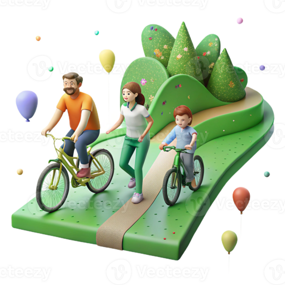 beautiful abstract Family Cycling on Green Path Side View Isolated professional png