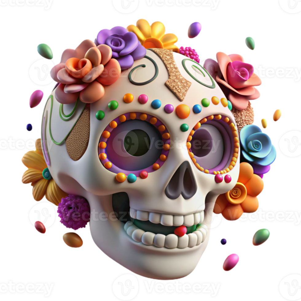 stunning traditional Dia De Los Muertos Sugar Skull Colorful Cutout original png