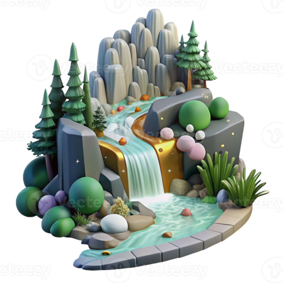 beautiful creative Forest Stream Waterfall Side View Transparent Background high resolution png