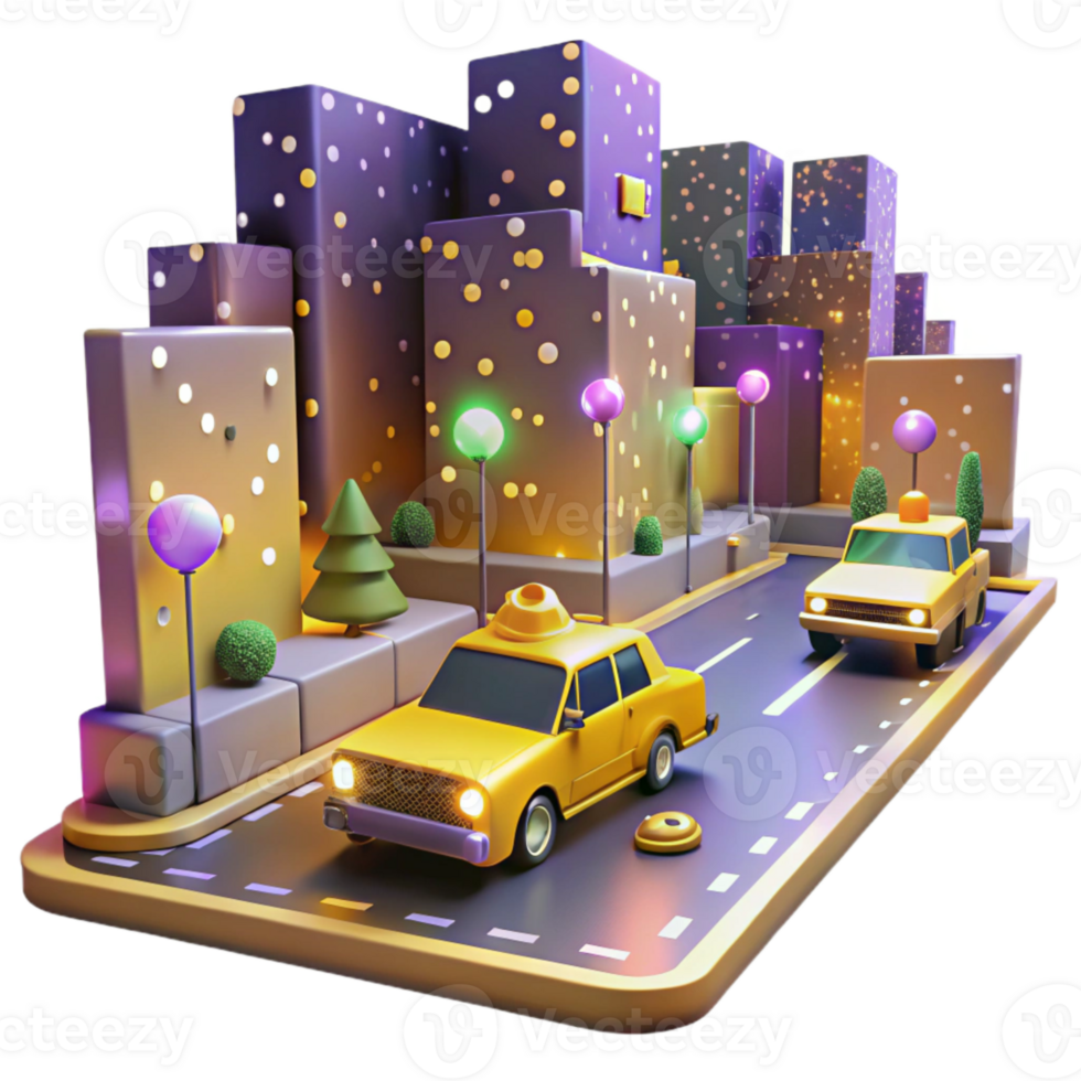 impressive artistic City Street at Night with Yellow Taxis Transparent Background high quality png