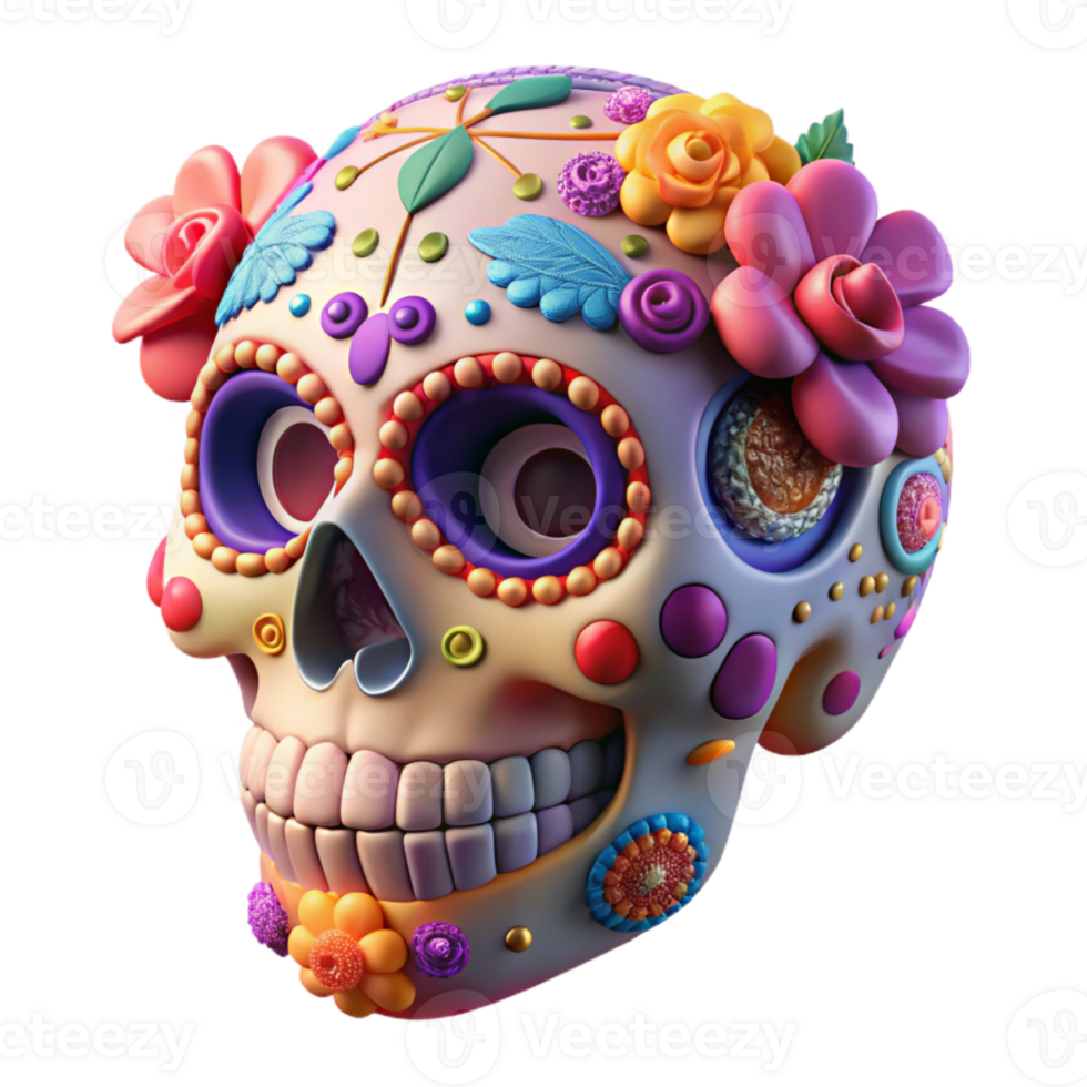 serene creative Day of the Dead Sugar Skull Vibrant Colors Isolated Cutout png