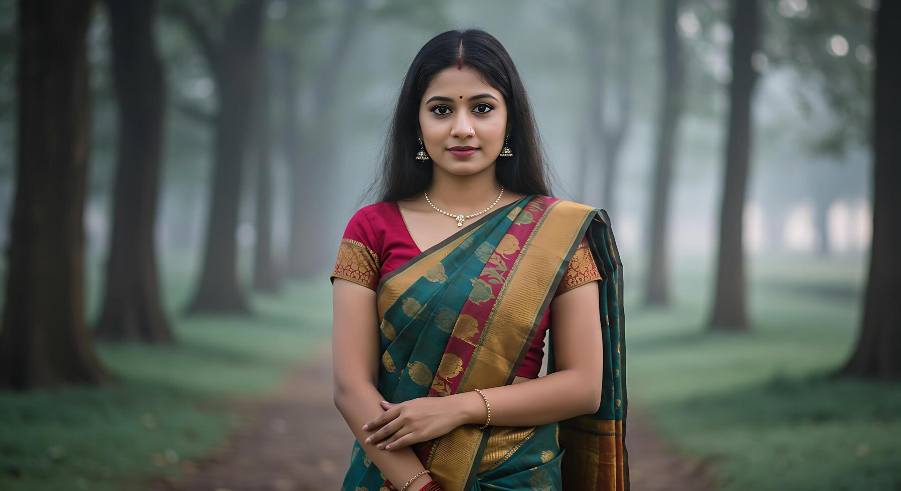 Portrait of elegant woman wearing saree in foggy forest - Generated using AI photo