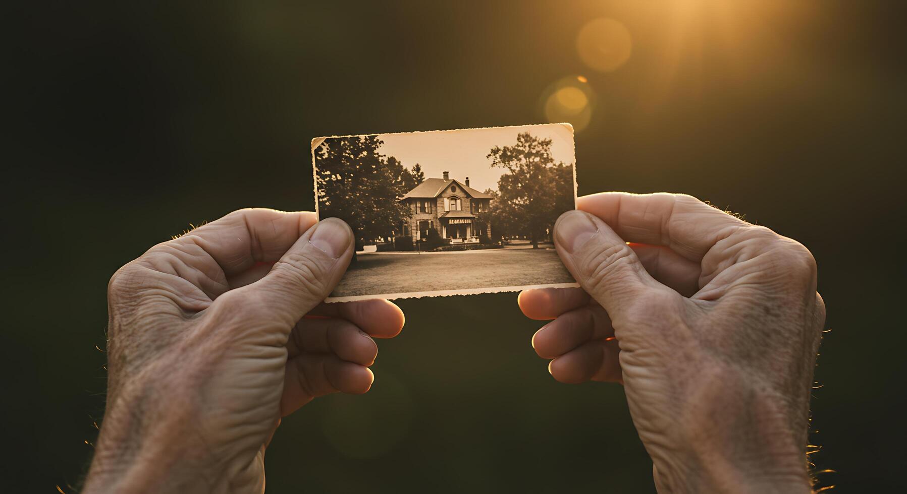 Nostalgic glimpse - A man holds a vintage photograph of a house - Generated using AI photo