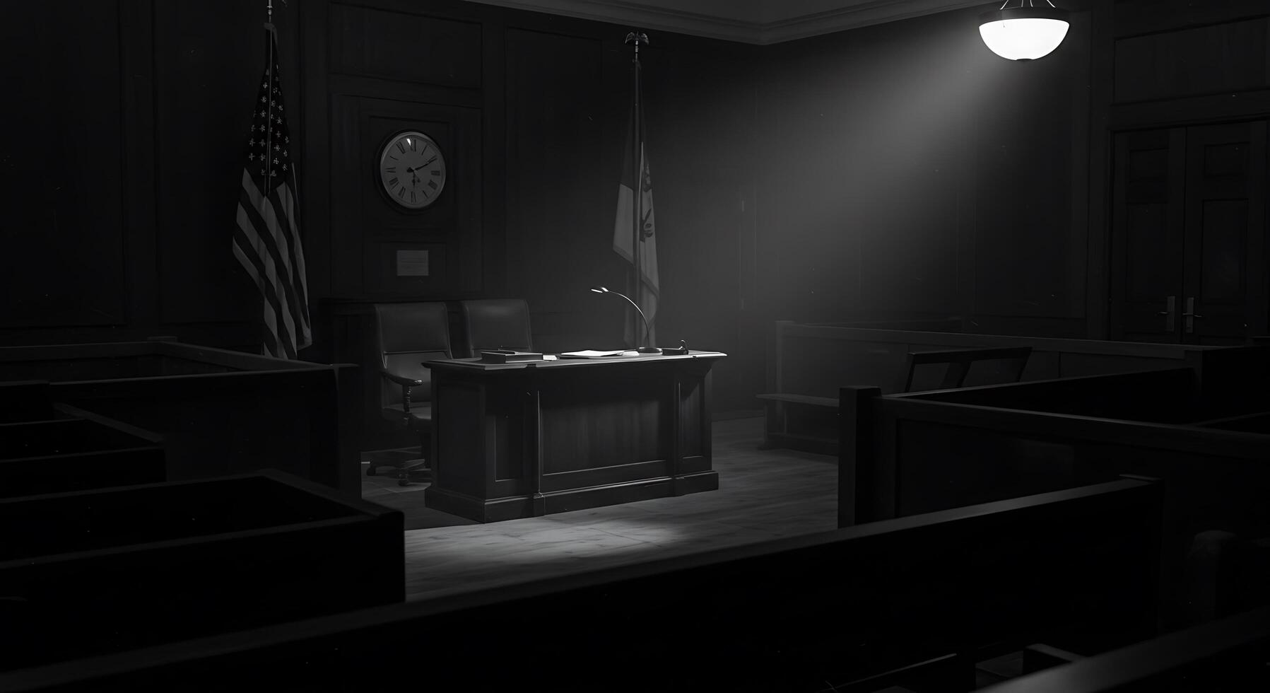 Monochrome Depiction of an Empty Courtroom with National Flags - Generated using AI photo