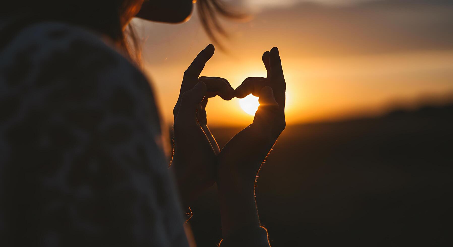 Silhouette of hands creating a heart shape against a vibrant sunset - Generated using AI photo