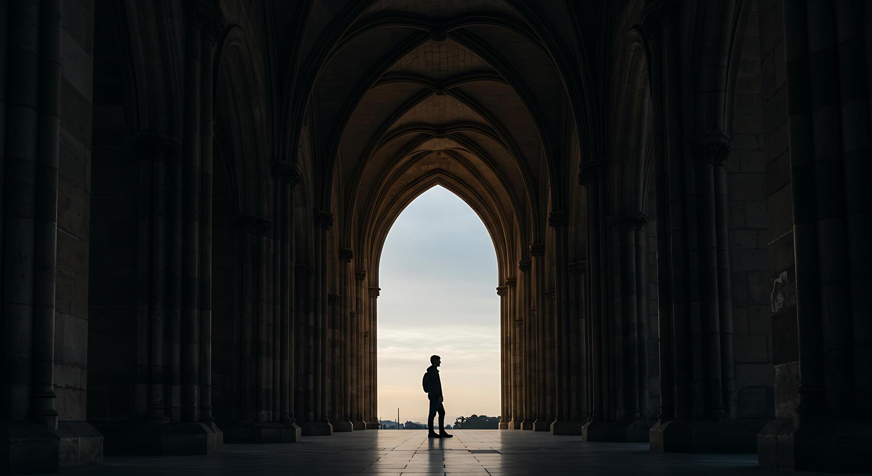 Silhouette of a figure standing under an archway with towering pillars - Generated using AI photo