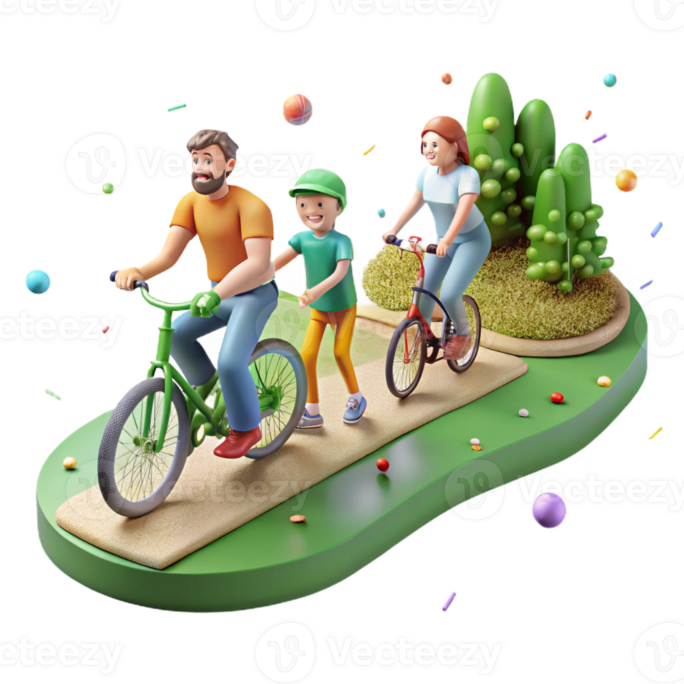 extraordinary minimalist Family Cycling on Green Path Side View Isolated original png