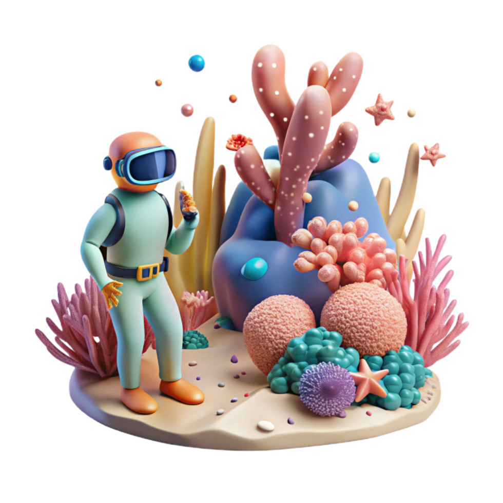 beautiful artistic Coral Reef Transparent Background with Diver in Distance png