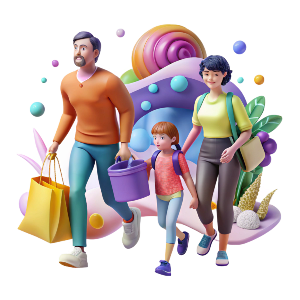 beautiful modern Family Walking in Park with Reusable Bags Isolated Element genuine png