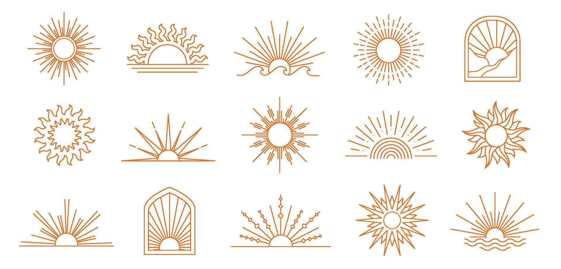 Sun line icons. Geometric boho sun, minimalist linear sunrise and sunset outline emblems. Bohemian sunbeam emblem elements with rays, arch and wave shapes set with editable stroke paths vector