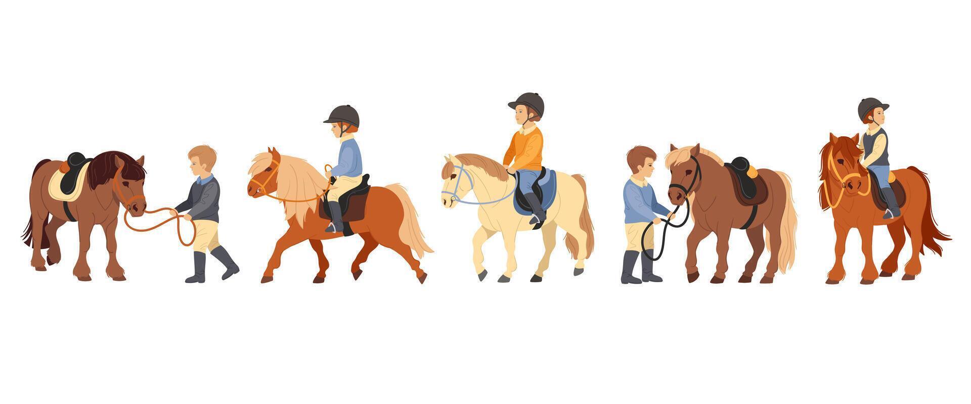 Kids pony riding. Children learning horse riding, boys and girls with small horses. Cute cartoon characters in equestrian helmets leading and riding ponies. Horseback riding school set vector