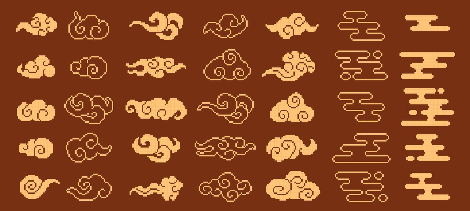 Pixel art oriental lucky clouds. Asian cloud shapes, pixelated Japanese ornaments, Chinese Xiangyun auspicious clouds and retro 8 bit decorative smoke elements isolated vectors set