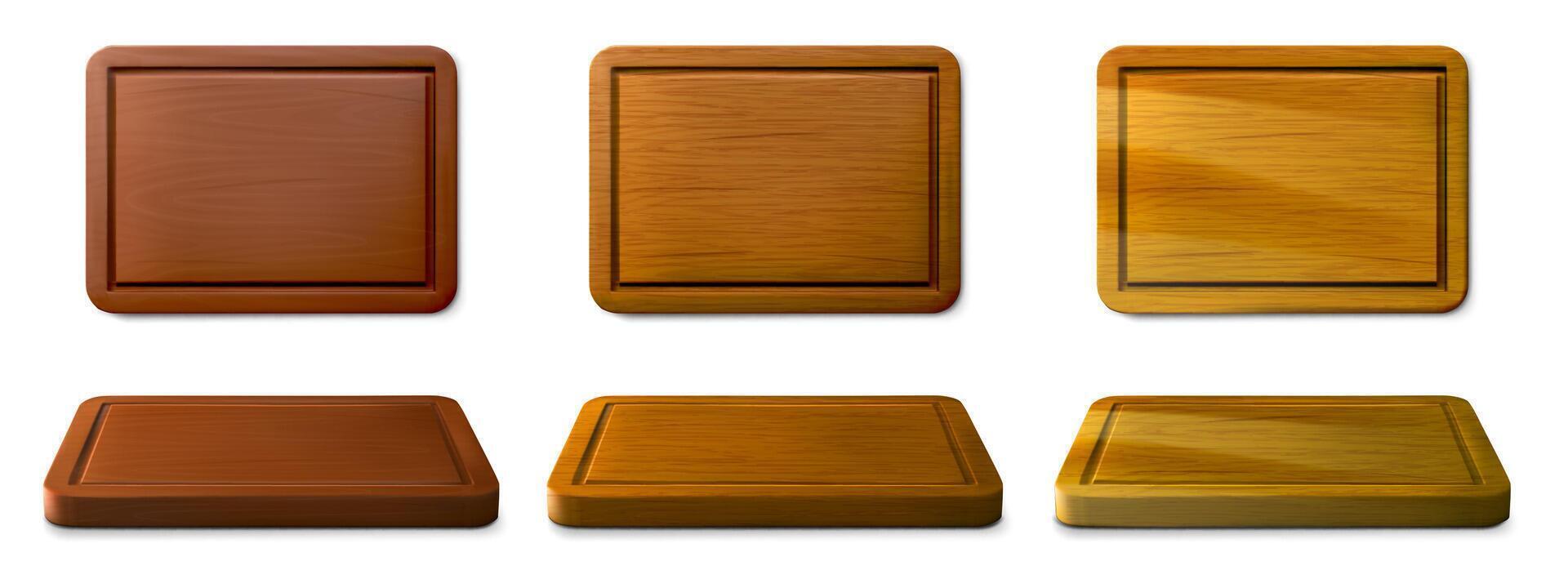 Wooden cutting boards. Rectangular chopping board mockups, empty wood trays top and perspective view. Realistic 3D kitchen utensil, food preparation tableware surface with wood texture set vector
