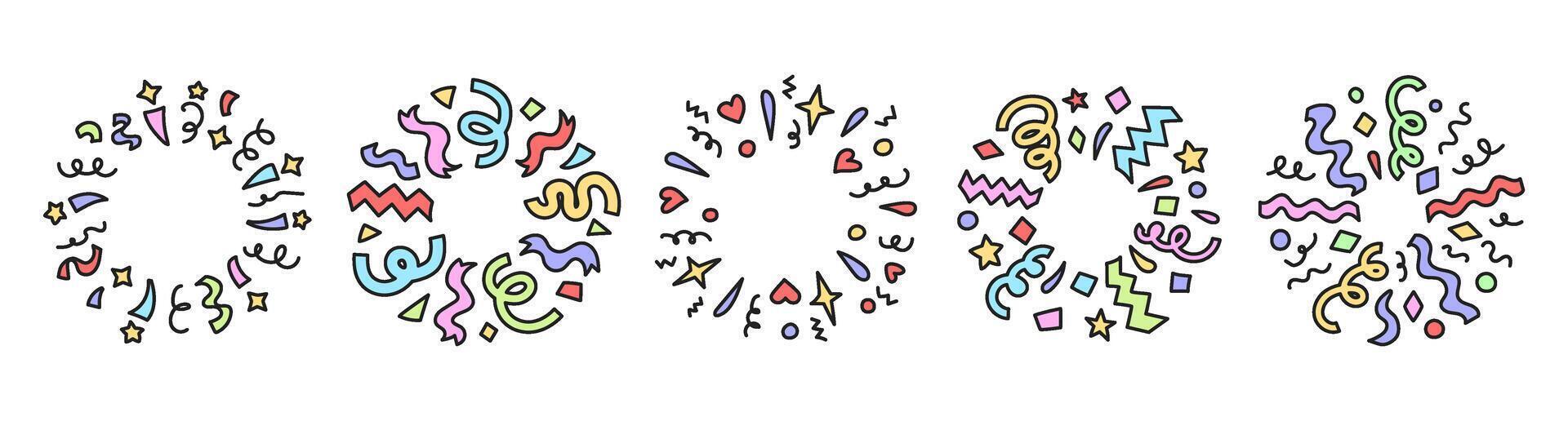 Radial hand drawn confetti. Celebration burst borders, doodle confetti explosion frames, round fireworks wreaths with colorful streamers, stars, hearts and geometric shapes. Festive circles set vector