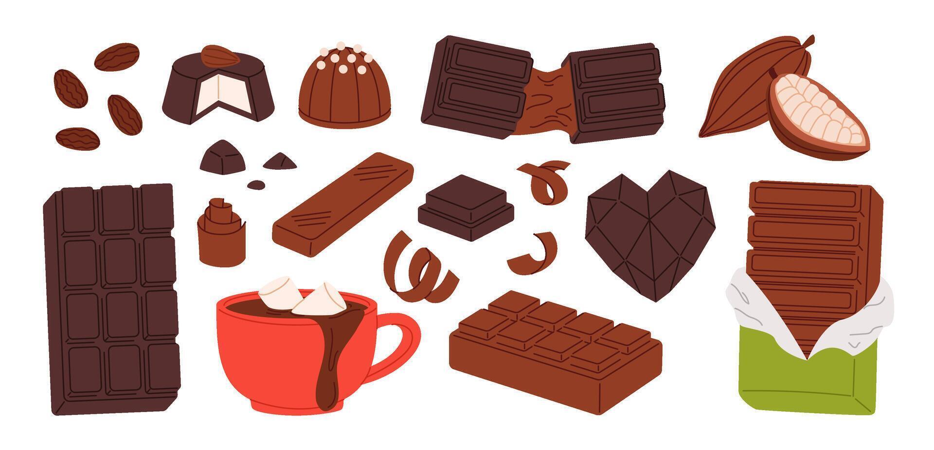 Cocoa chocolate. Assorted chocolate products, candy and cocoa ingredients. Dark and milk bars, pralines, cocoa beans, hot chocolate mug with marshmallows, shavings. Sweet food cartoon set vector