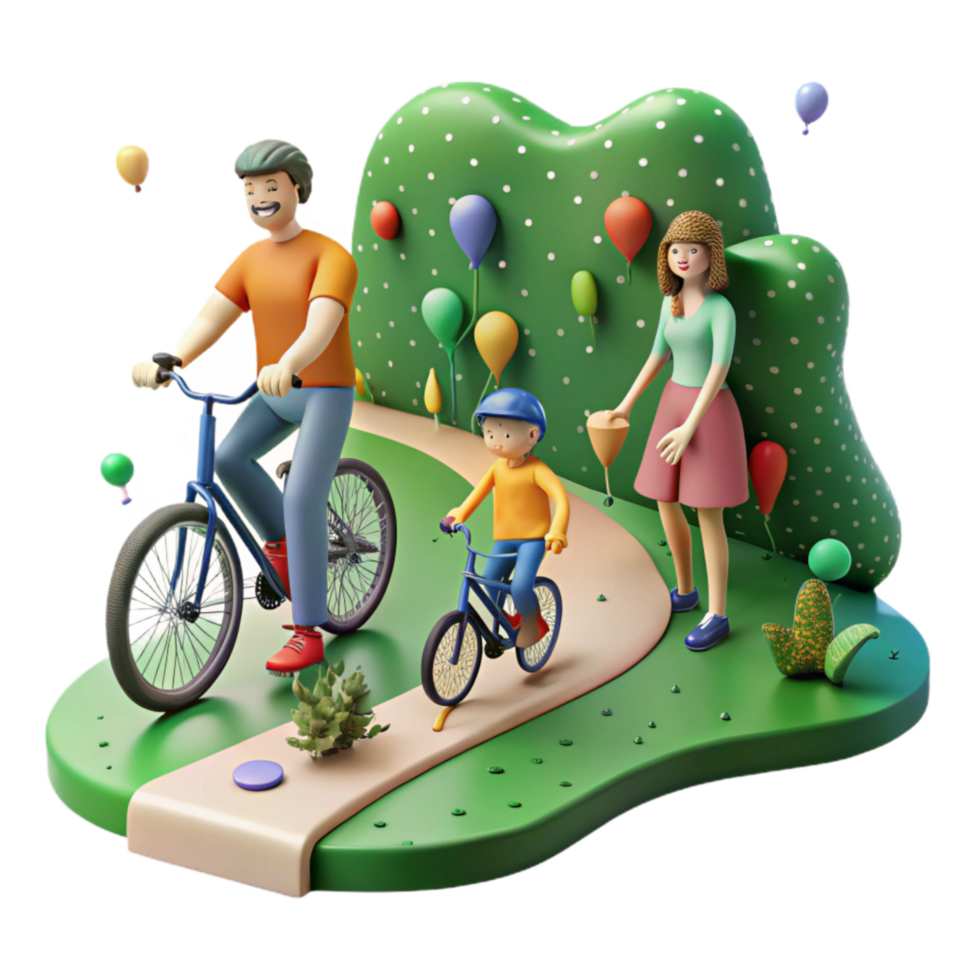 magnificent creative Family Cycling on Green Path Side View Isolated high resolution png