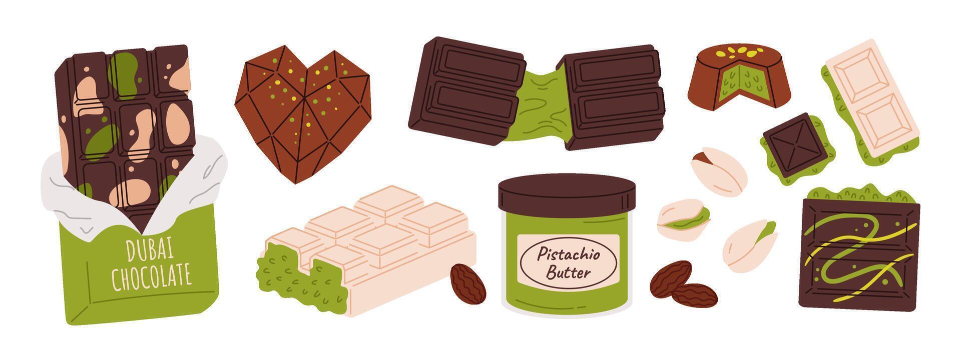 Dubai chocolate. Trendy chocolate bar with knafeh and pistachios filling. White and dark chocolate candies and bars, sweet pistachio nuts confectionery cartoon illustration set vector