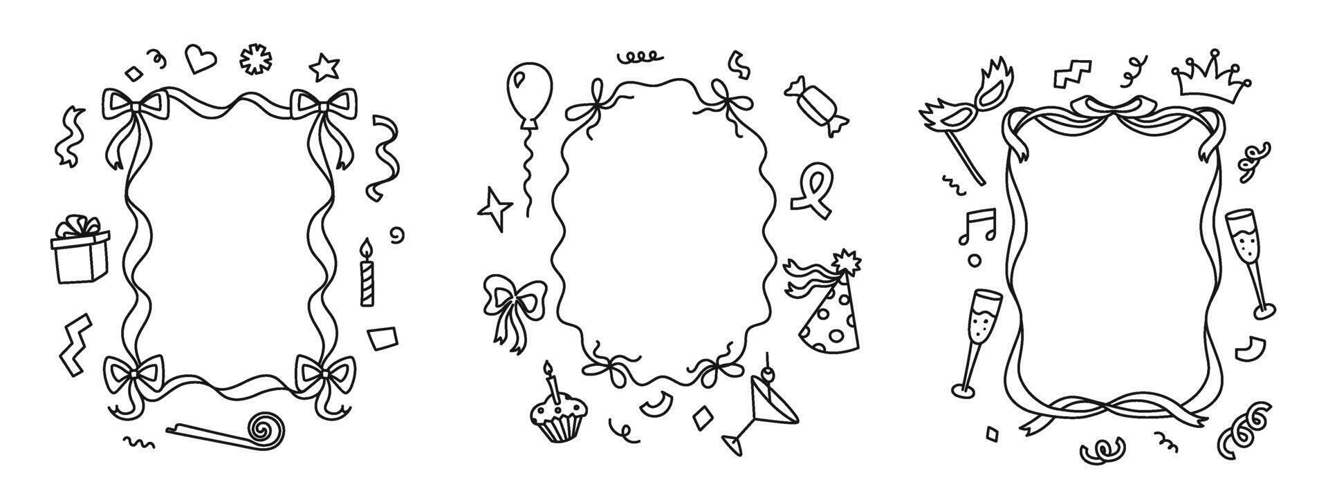 Hand drawn party frames. Doodle celebration border outlines with ribbons, gift boxes, line art bows, confetti and party elements. Birthday invitation vertical frame templates set vector