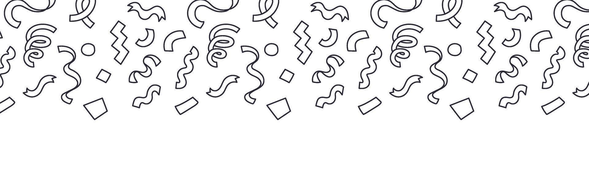 Doodle confetti border outline. Party pattern divider with doodle streamers and hand drawn ribbon shapes. Falling confetti line art footer or header background vector