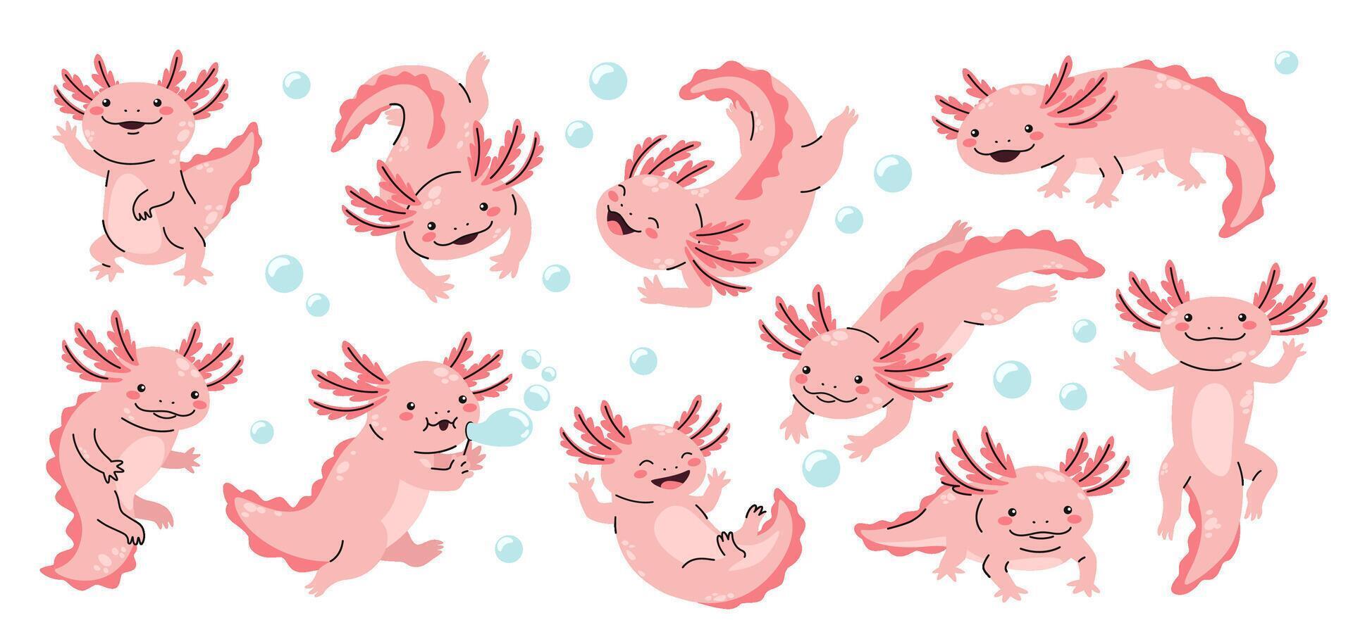 Cartoon baby axolotl. Cute pink axolotl characters, funny Mexican salamander and adorable smiling amphibian pets swimming, waving and playing underwater with bubbles. Kawaii animal set vector