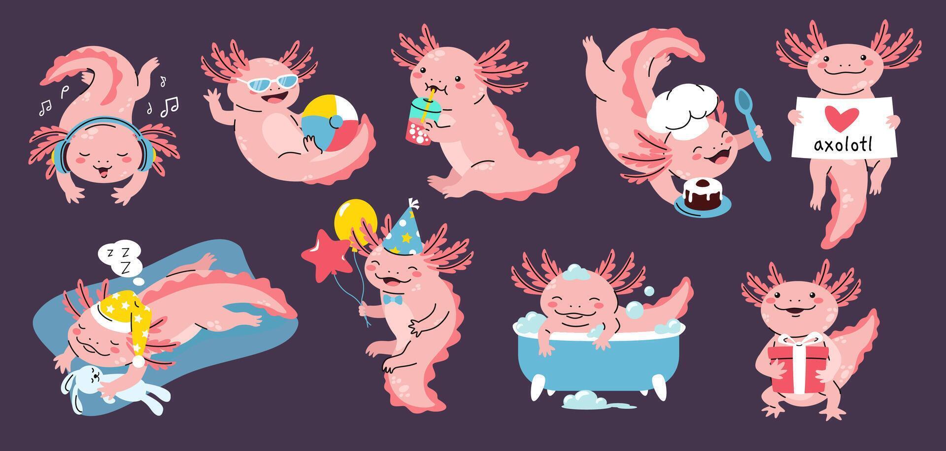Cartoon cute baby axolotl mascot. Mexican salamander hobbies, pink axolotl character holding gift and sign, amphibian listening music, cooking, sleeping, celebrating and bathing cartoon set vector