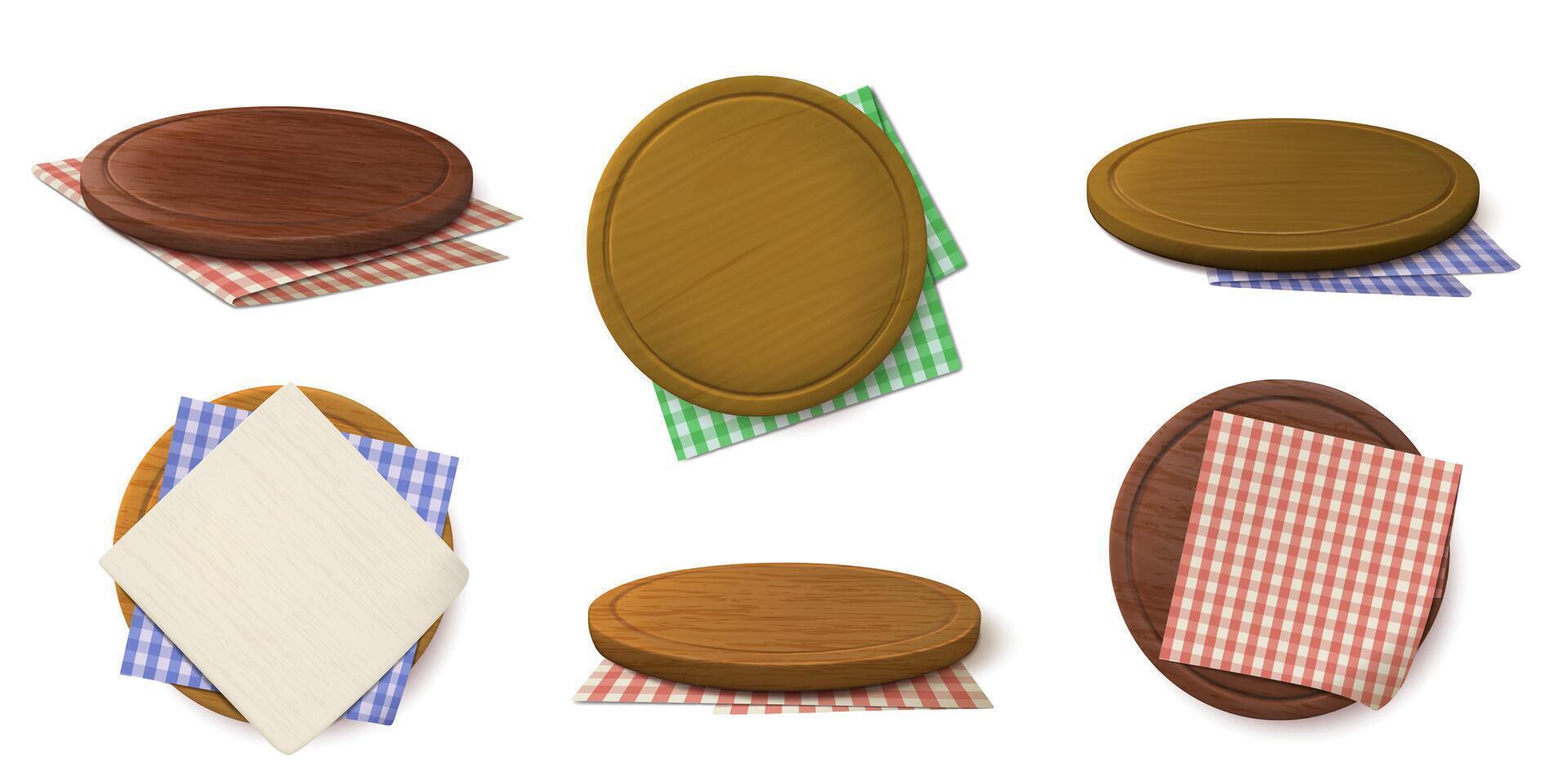 Wooden pizza boards with napkins. Round chopping board mockups, empty circle wood tray with checkered cloth. Serving platters, kitchen tableware with wood texture and gingham tablecloths 3D set vector