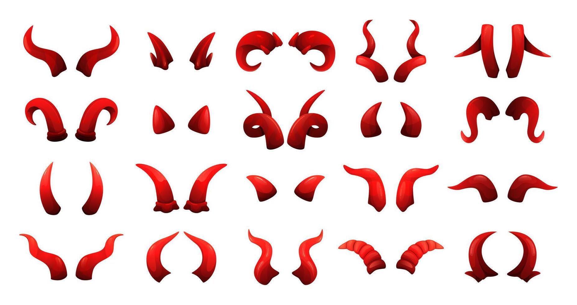 Halloween red devil horns. Demon, evil imp or satan horn shapes, monster fantasy accessories. Cartoon spooky beast horn pairs isolated illustration set vector