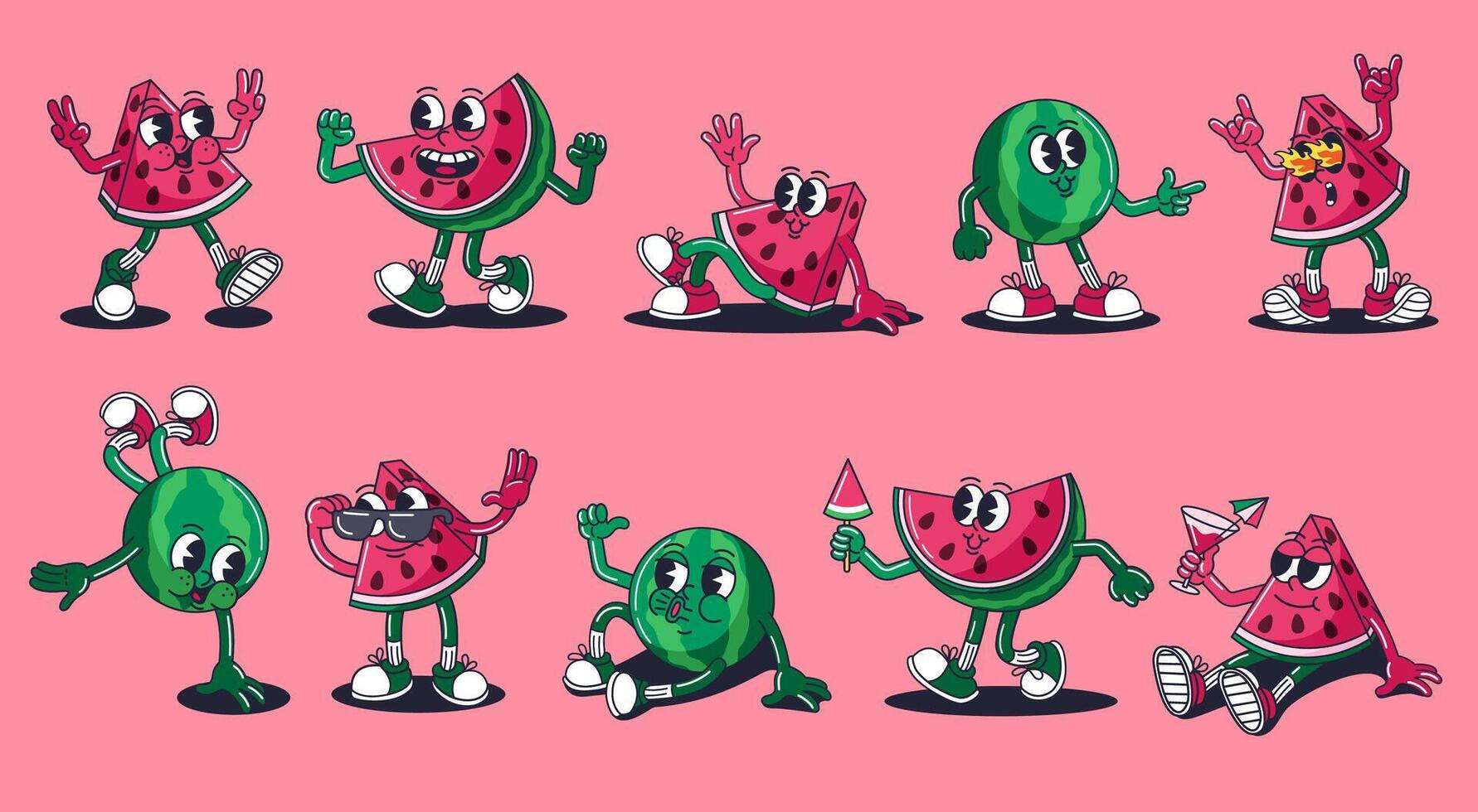 Retro cartoon watermelon characters. Groovy fruit mascots, vintage 30s animation style watermelon slices and whole fruit. Funny smiling summer food character poses with hands and legs set vector