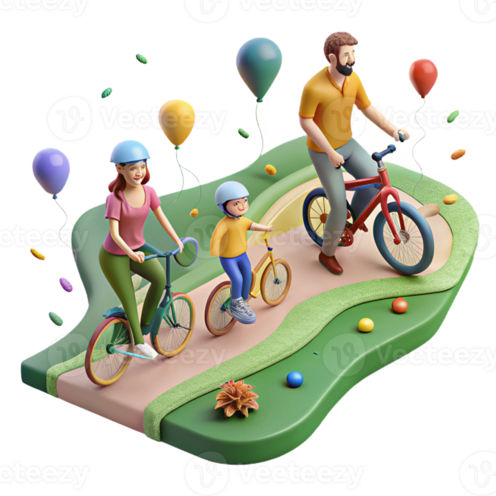 beautiful rustic Family Cycling on Green Path Side View Isolated high quality png