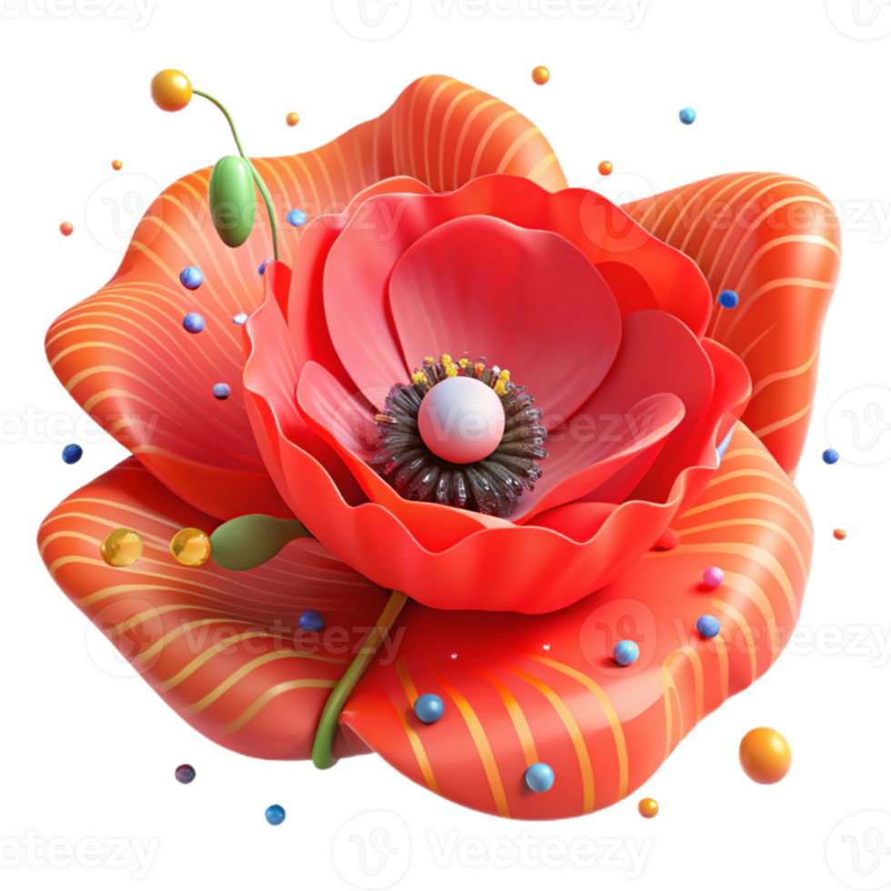 serene contemporary Bright Red Poppy with Pollinating Insect Cutout authentic png