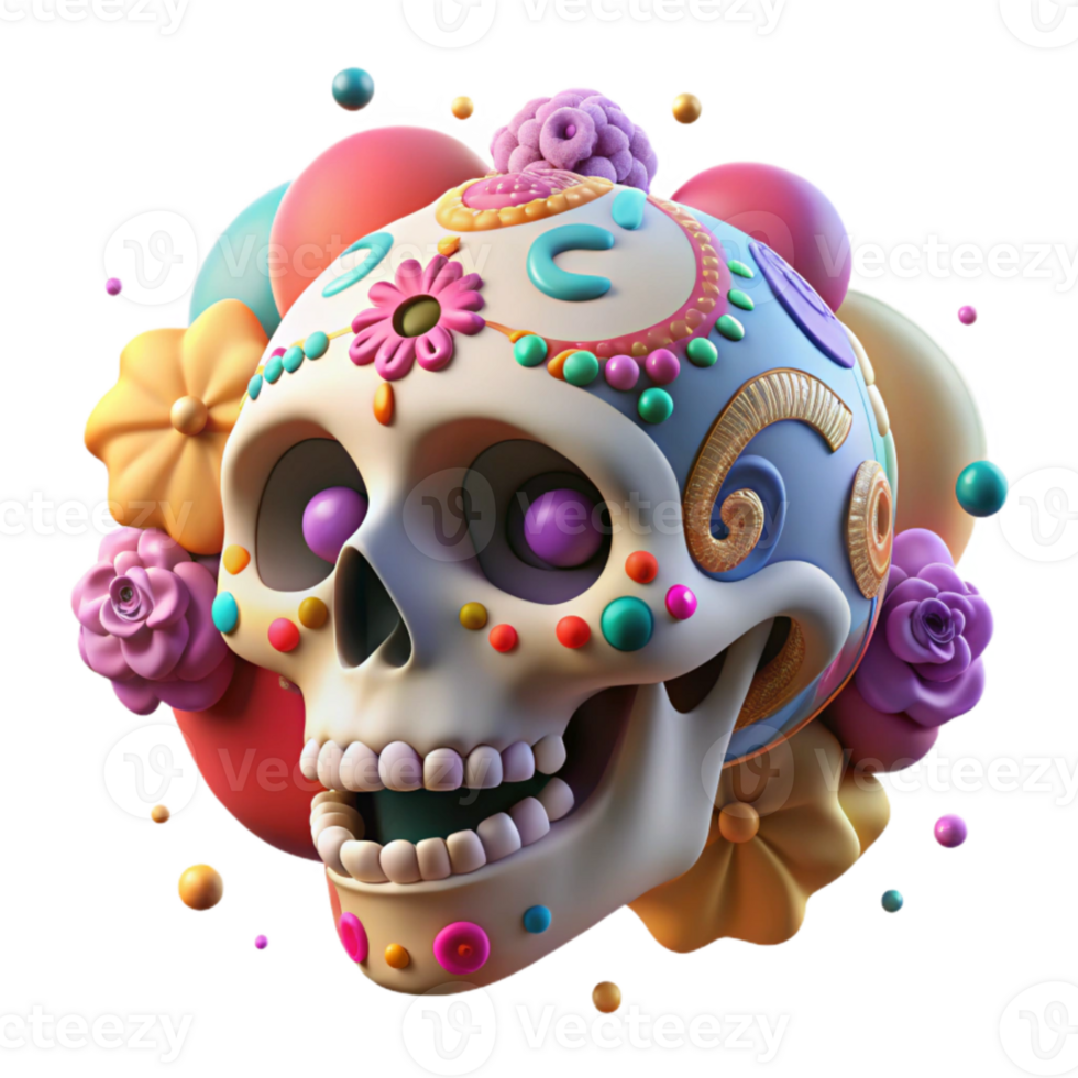dramatic traditional Day of the Dead Sugar Skull Vibrant Colors Isolated Cutout detailed png